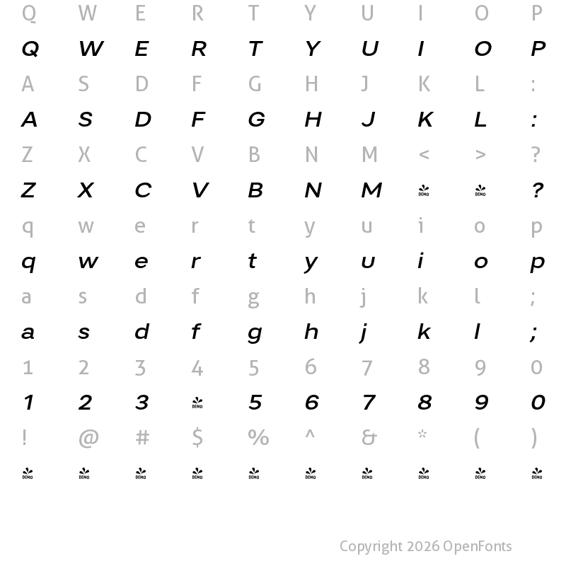 Character Map of FONTSPRING DEMO - Artico Expanded Medium Italic