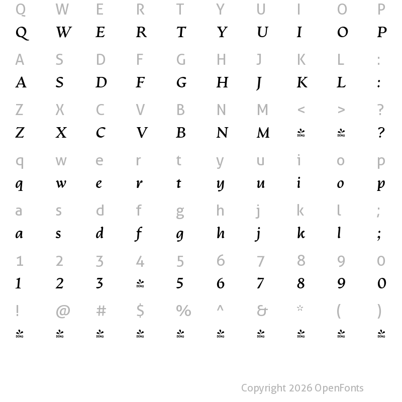 Character Map of FONTSPRING DEMO - Artifex CF Bold Italic