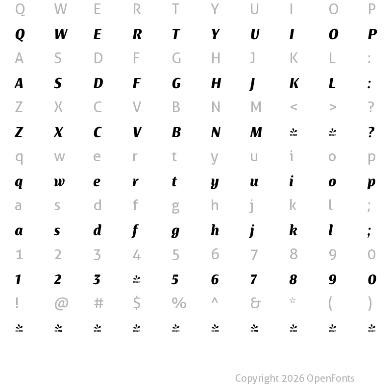 Character Map of FONTSPRING DEMO - Artigua Bold Italic Regular