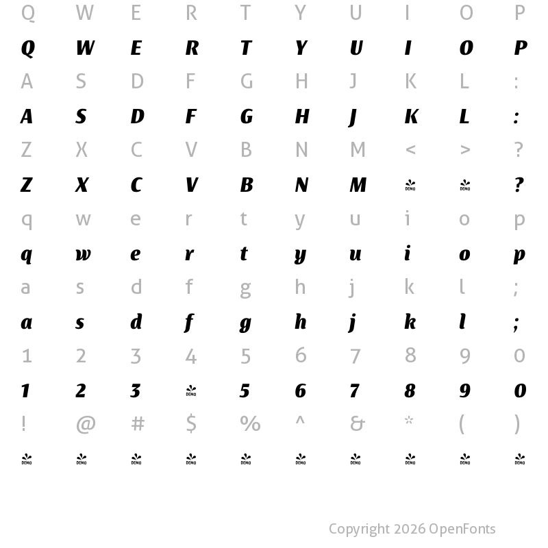 Character Map of FONTSPRING DEMO - Artigua ExtraBold Italic Regular