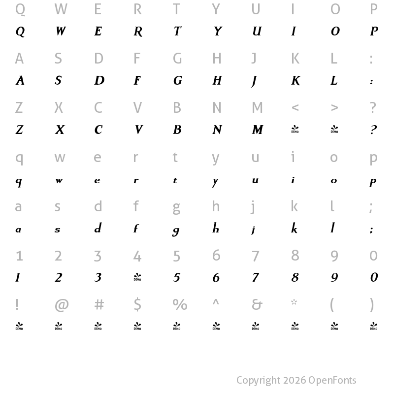 Character Map of FONTSPRING DEMO - Artimas Black Italic