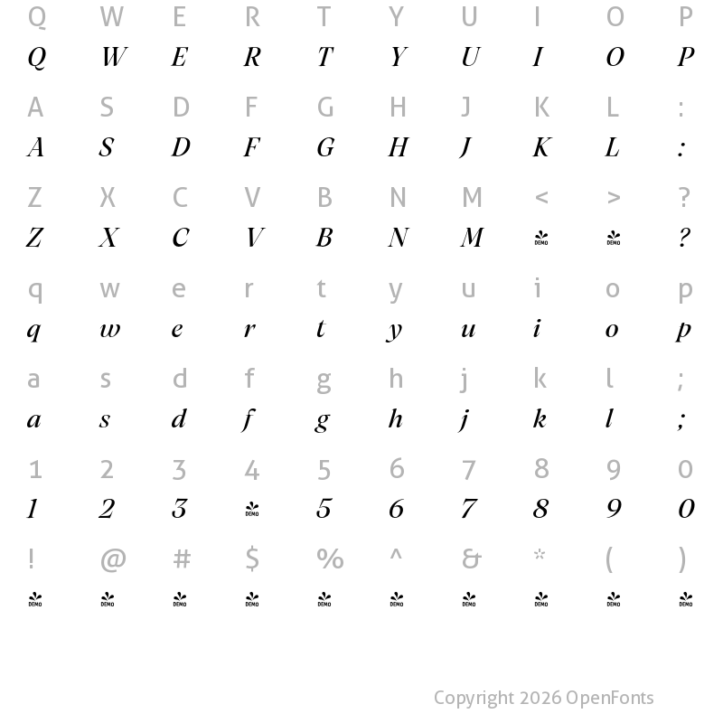 Character Map of FONTSPRING DEMO - Artusi Grande Italic