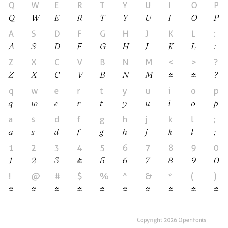 Character Map of FONTSPRING DEMO - Artusi Light Italic