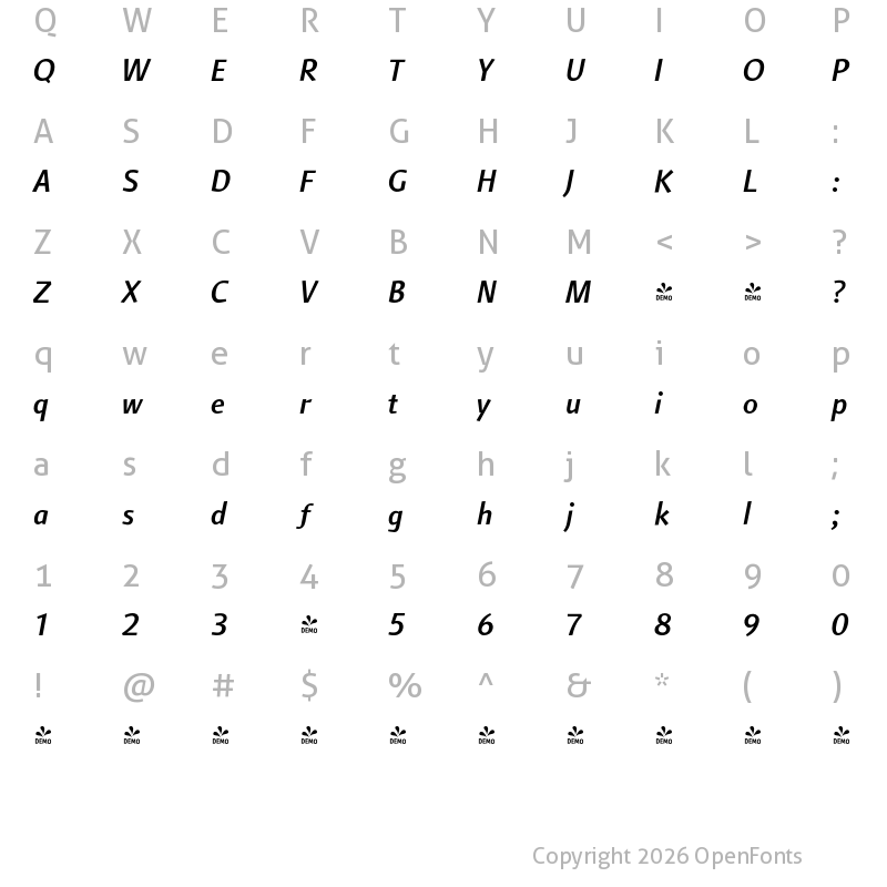 Character Map of FONTSPRING DEMO - ArumSans Lt Bold Italic