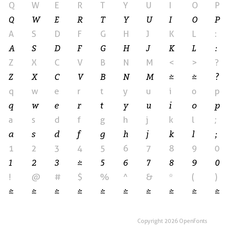 Character Map of FONTSPRING DEMO - Arventa Slab PRO Light Bold Italic