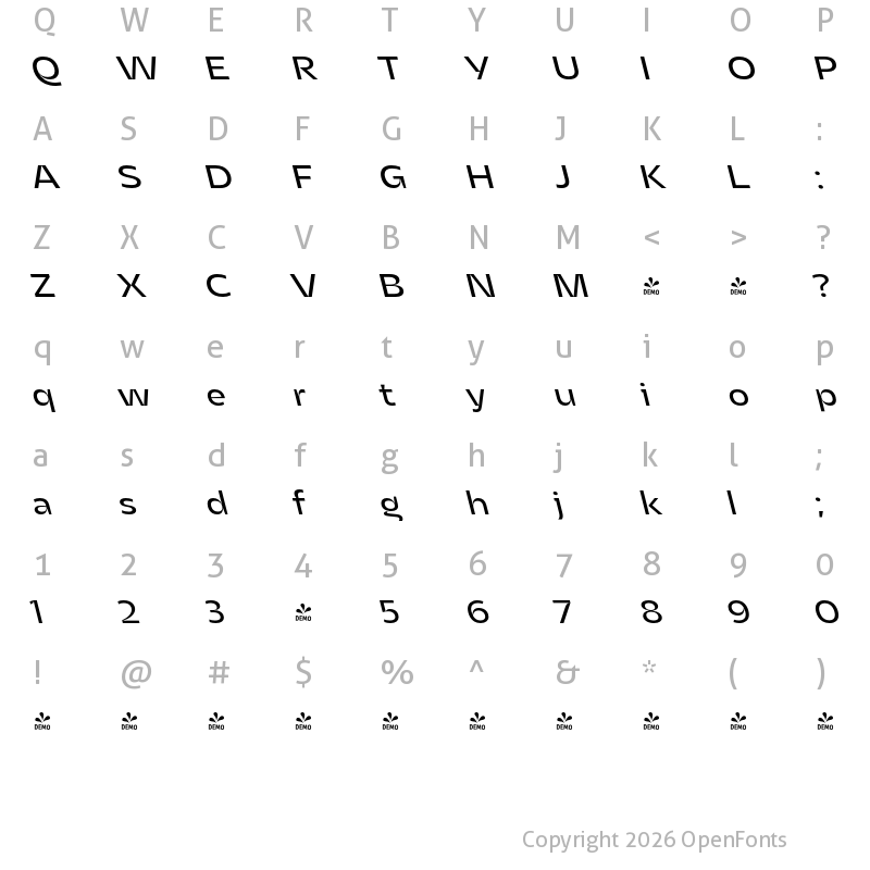 Character Map of FONTSPRING DEMO - Asgard Fit Backslant Regular