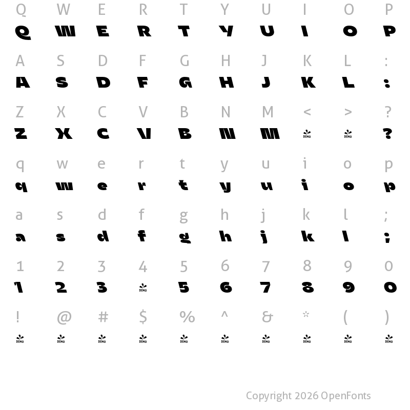 Character Map of FONTSPRING DEMO - Asgard Fit Fat Backslant Regular