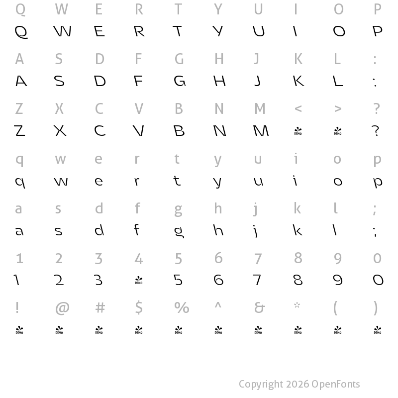Character Map of FONTSPRING DEMO - Asgard Fit Light Backslant Regular