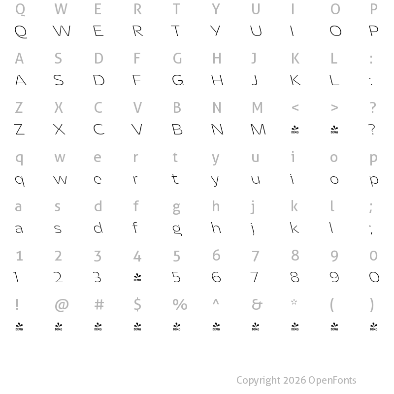 Character Map of FONTSPRING DEMO - Asgard Fit Xlight Backslant Regular