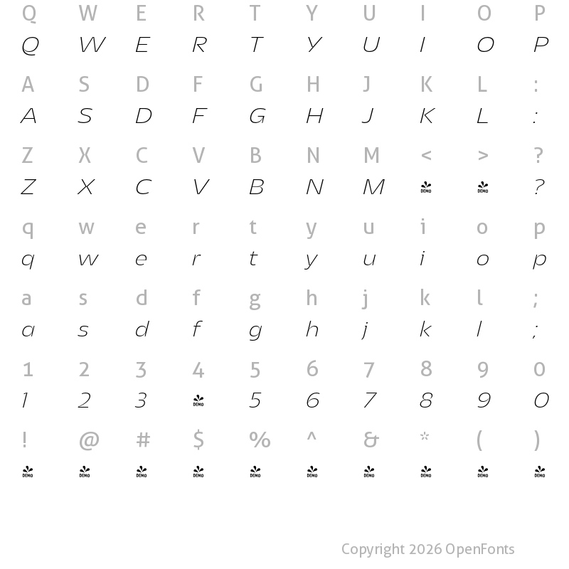 Character Map of FONTSPRING DEMO - Asgard Fit Xlight Italic Regular