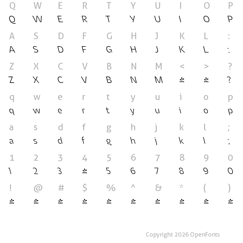 Character Map of FONTSPRING DEMO - Asgard Light Backslant Regular