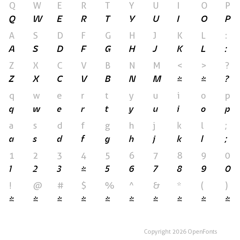 Character Map of FONTSPRING DEMO - Asgard Medium Italic Regular