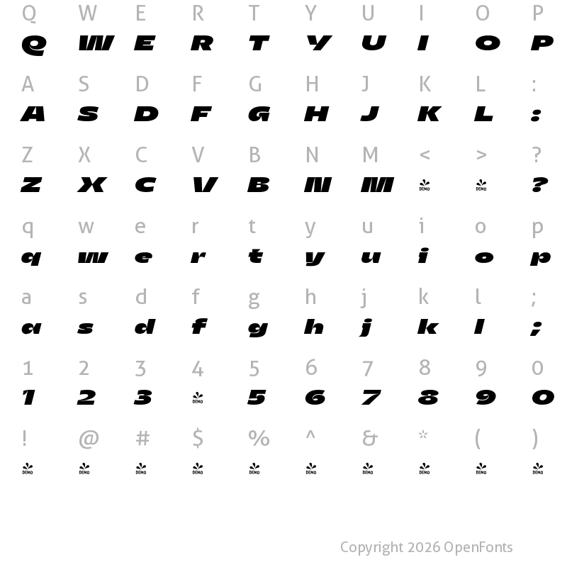 Character Map of FONTSPRING DEMO - Asgard Wide Fat Italic Regular