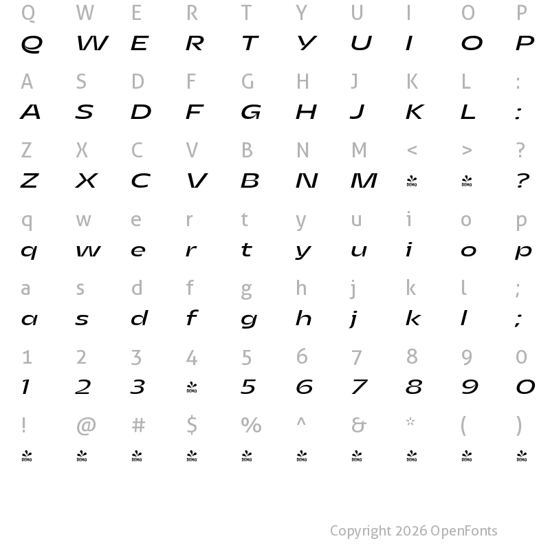 Character Map of FONTSPRING DEMO - Asgard Wide Italic