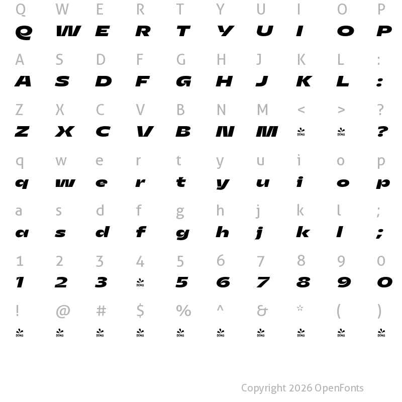 Character Map of FONTSPRING DEMO - Asgard Wide Xbold Italic Regular