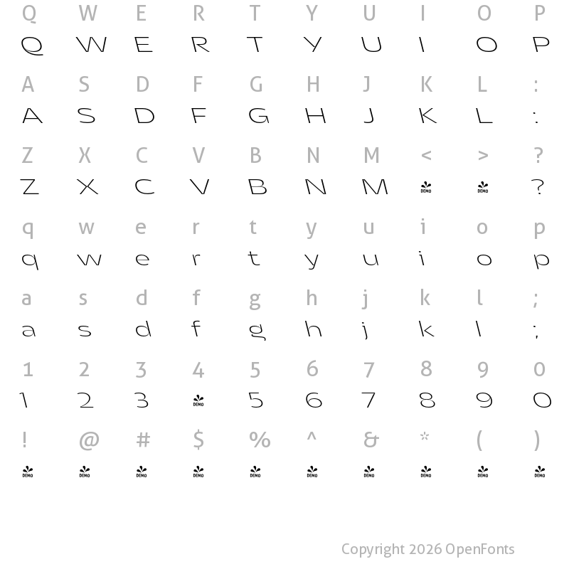 Character Map of FONTSPRING DEMO - Asgard Wide Xlight Backslant Regular