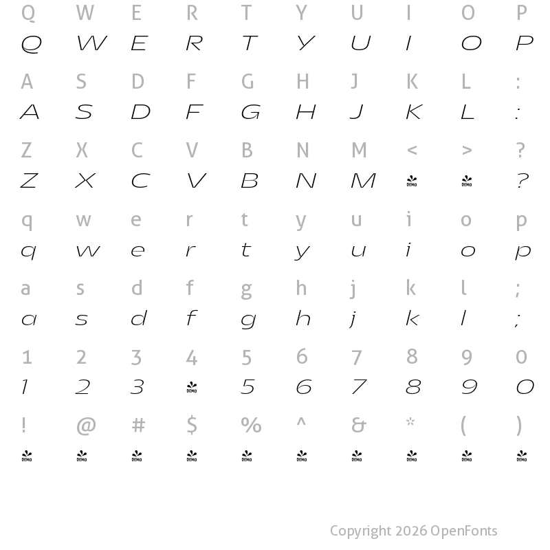 Character Map of FONTSPRING DEMO - Asgard Wide Xlight Italic Regular