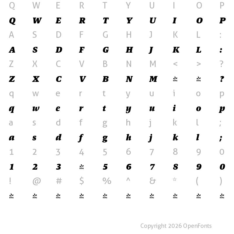 Character Map of FONTSPRING DEMO - Askan Black Italic