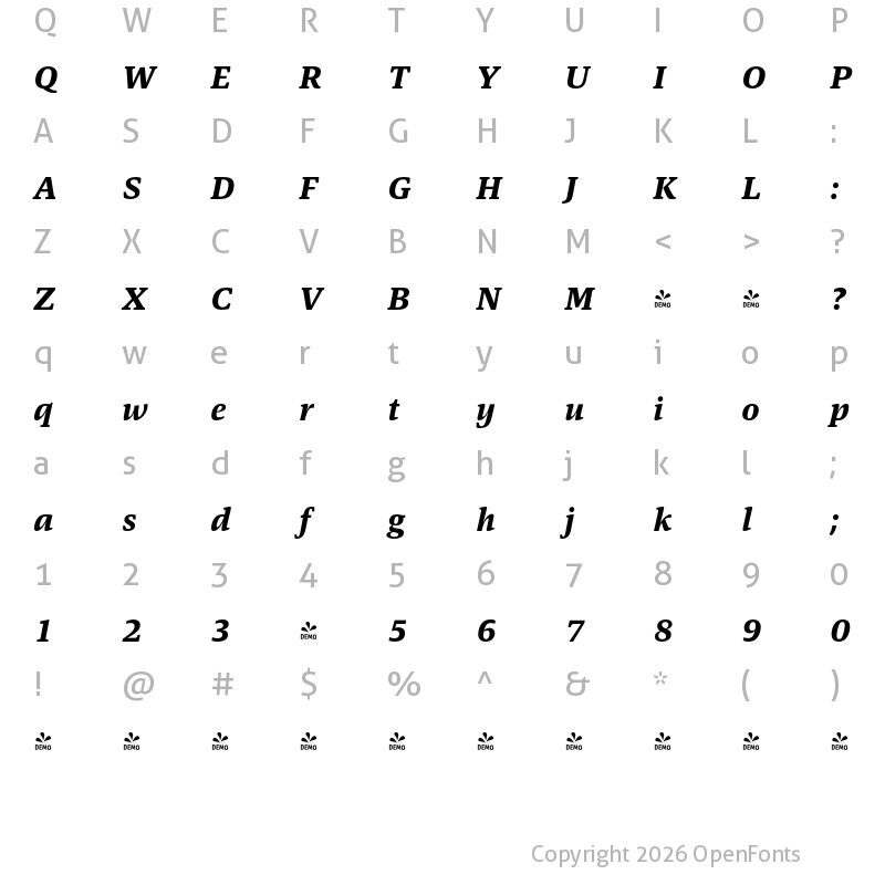 Character Map of FONTSPRING DEMO - Askan Bold Italic