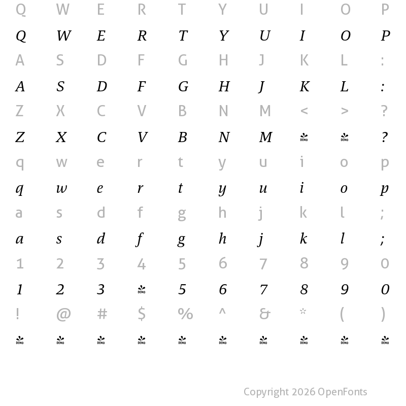 Character Map of FONTSPRING DEMO - Askan Italic