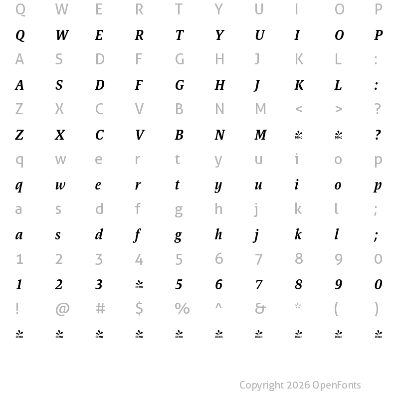 Character Map of FONTSPRING DEMO - Askan Slim DemiBold Italic