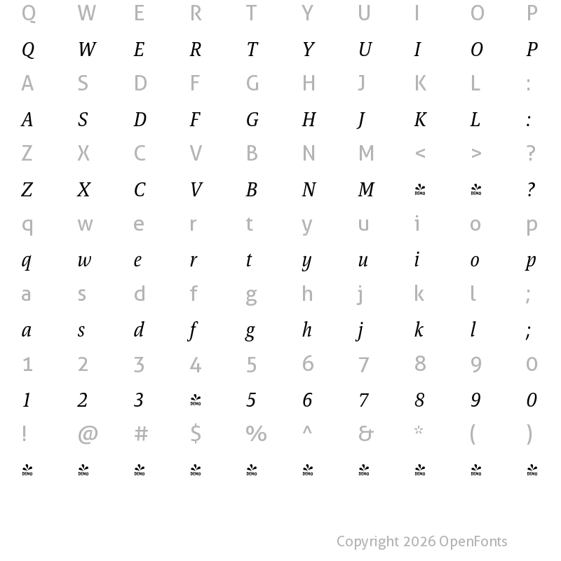 Character Map of FONTSPRING DEMO - Askan Slim Italic