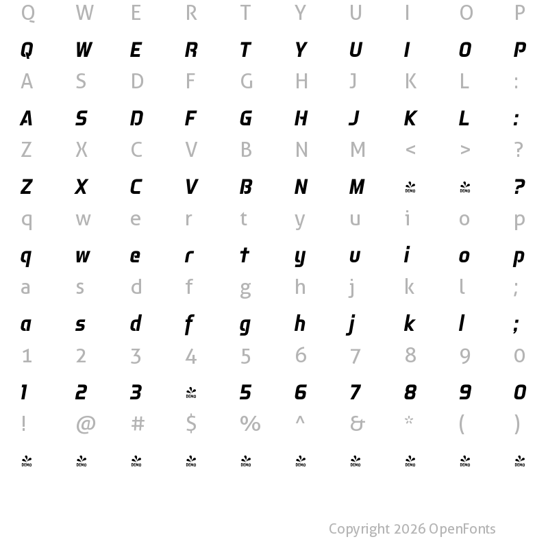 Character Map of FONTSPRING DEMO - Aspire Narrow Oblique Regular