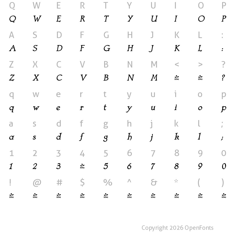 Character Map of FONTSPRING DEMO - Astaire Pro Bold Italic