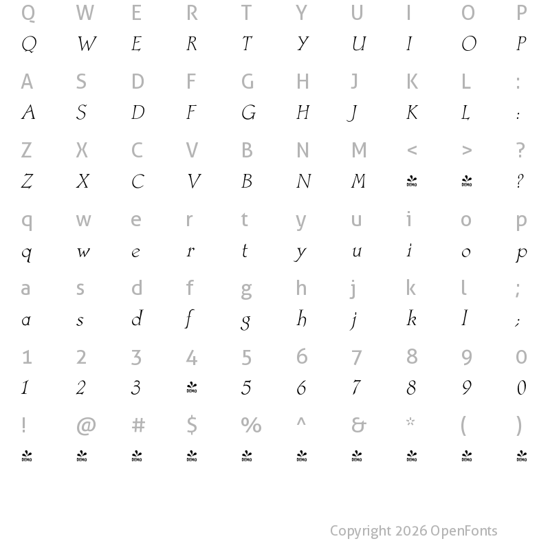 Character Map of FONTSPRING DEMO - Astaire Pro Italic