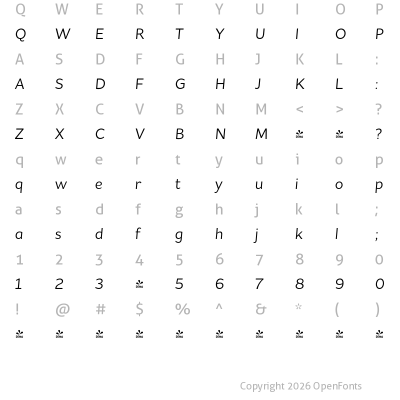 Character Map of FONTSPRING DEMO - Asterisk Sans Pro Reg Italic