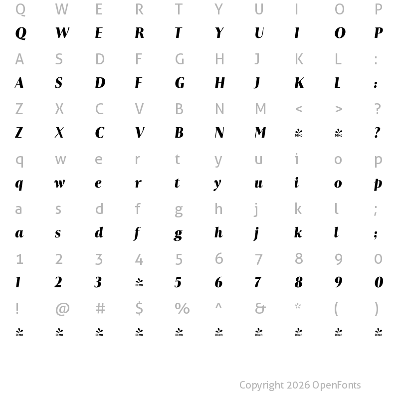 Character Map of FONTSPRING DEMO - Astoria Classic Bold Italic