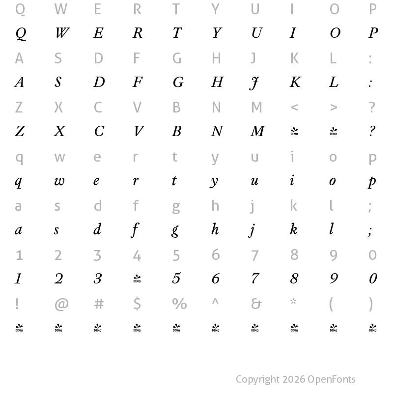 Character Map of FONTSPRING DEMO - Athanasius PRO Book Italic
