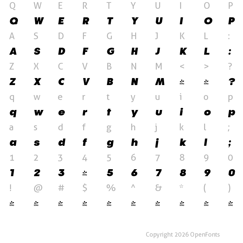 Character Map of FONTSPRING DEMO - Athlete Ultra Italic