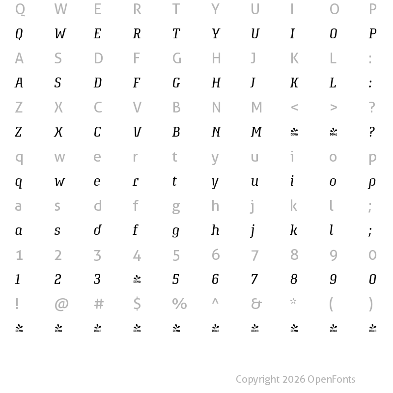 Character Map of FONTSPRING DEMO - Attorney Book Italic