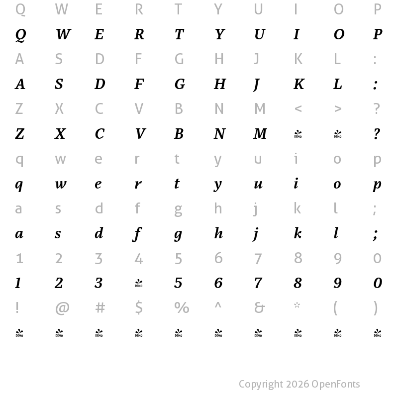 Character Map of FONTSPRING DEMO - Audela Bold Italic