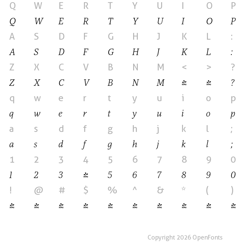 Character Map of FONTSPRING DEMO - Audela Book Italic Regular