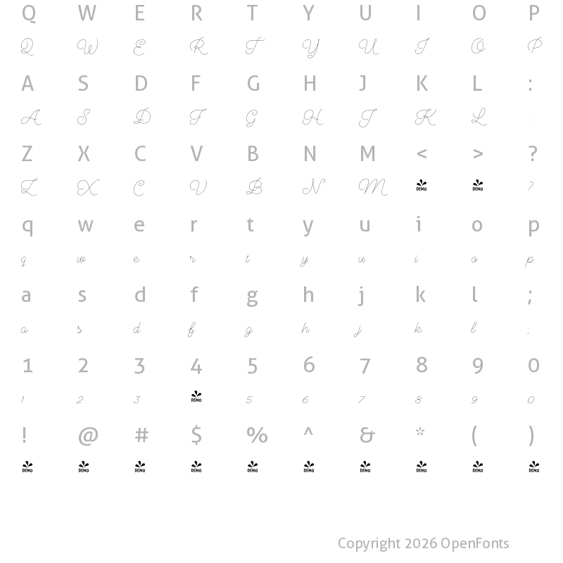 Character Map of FONTSPRING DEMO - Audrey Script1 Thin
