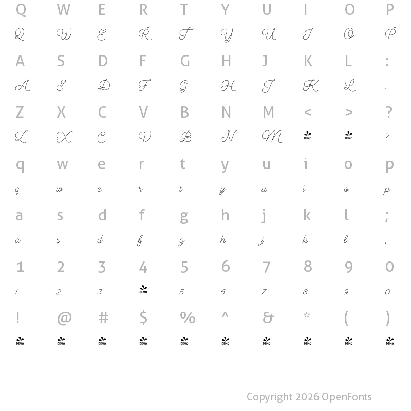 Character Map of FONTSPRING DEMO - Audrey Script2 Regular