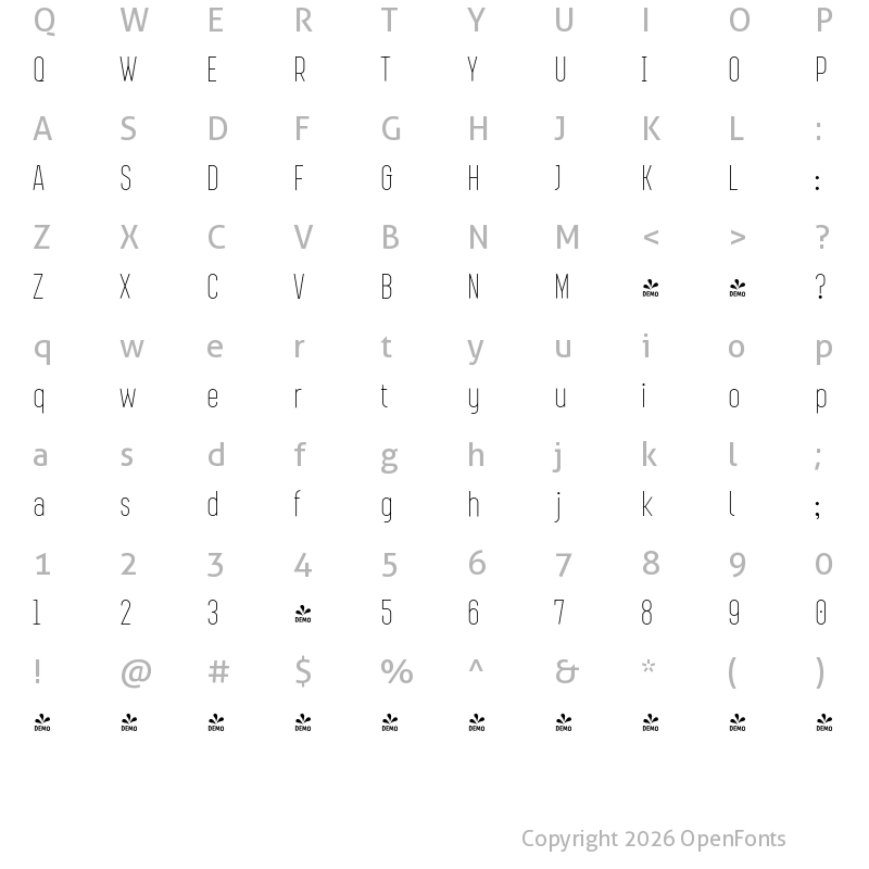 Character Map of FONTSPRING DEMO - Augmento Cnd Thin Regular