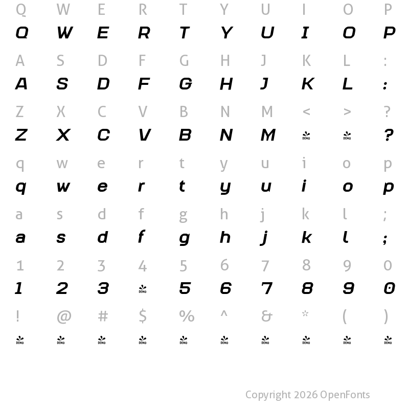Character Map of FONTSPRING DEMO - Augmento Xtd Black It Regular