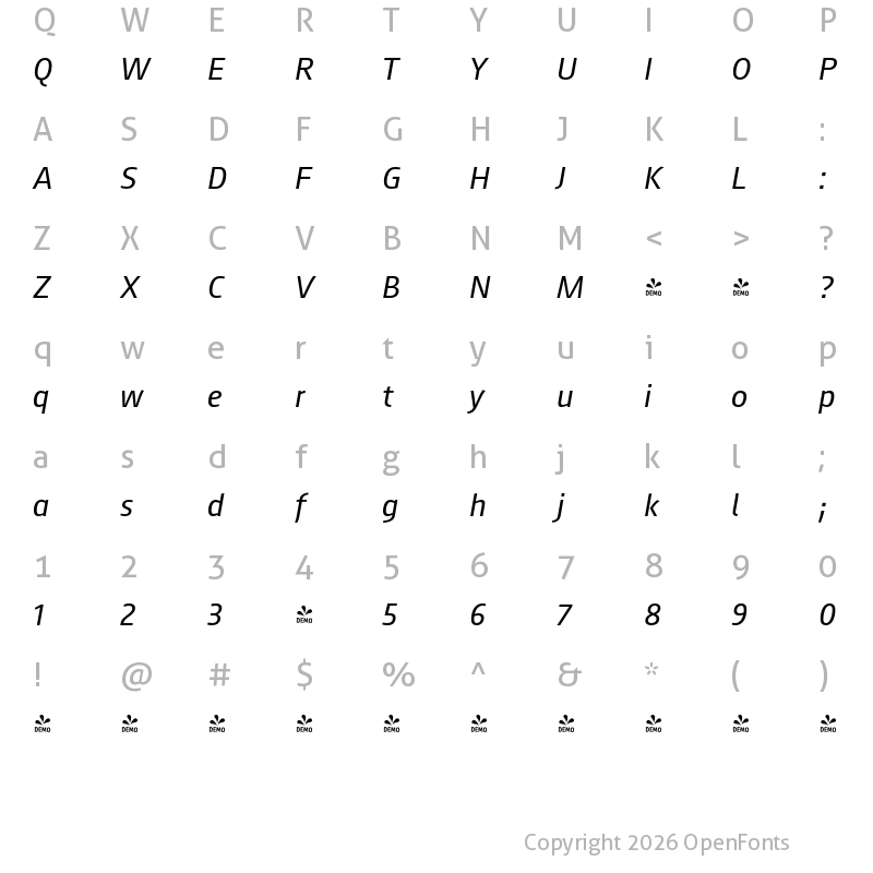 Character Map of FONTSPRING DEMO - August Sans Pro Italic