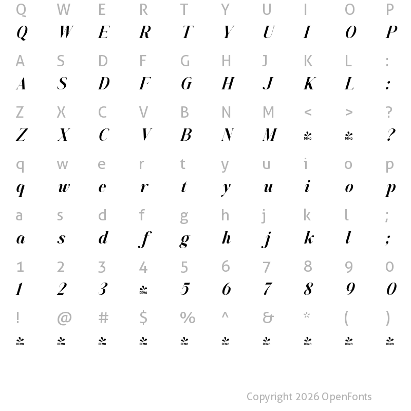 Character Map of FONTSPRING DEMO - Aumiller Serif ExtBd Italic