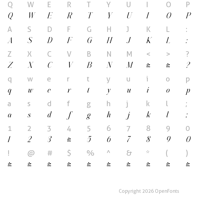 Character Map of FONTSPRING DEMO - Aumiller Serif Italic