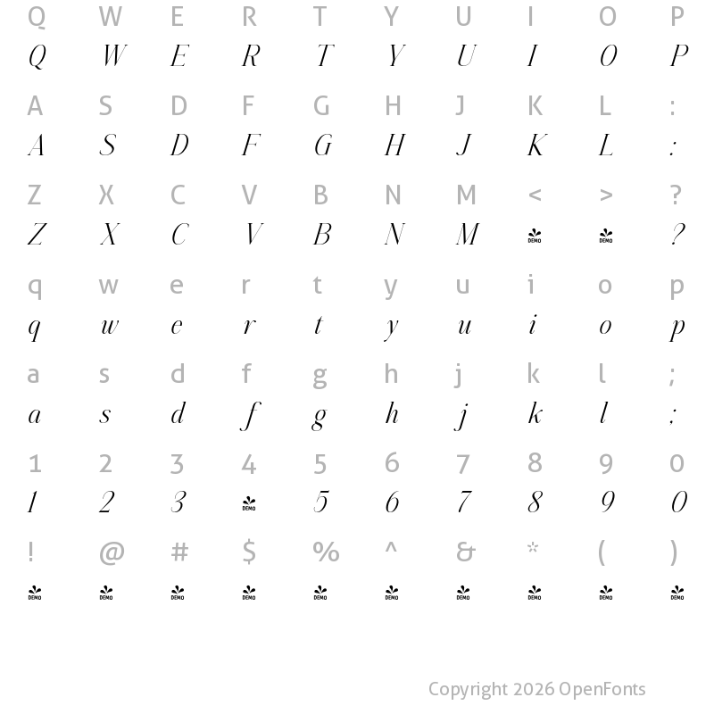 Character Map of FONTSPRING DEMO - Aumiller Serif Light Italic