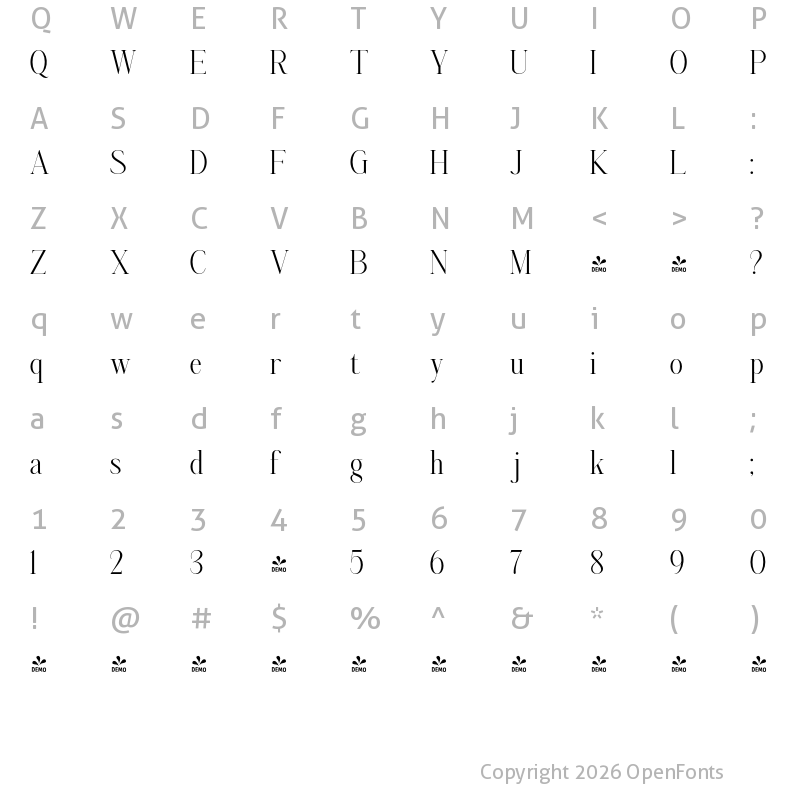 Character Map of FONTSPRING DEMO - Aumiller Serif Light Regular