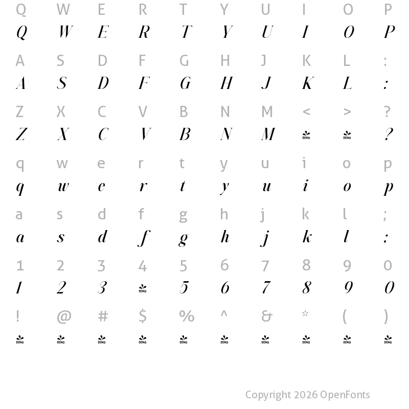 Character Map of FONTSPRING DEMO - Aumiller Serif SemBd Italic