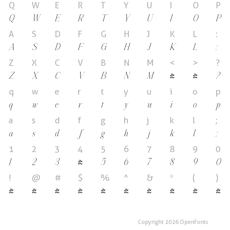 Character Map of FONTSPRING DEMO - Aumiller Serif Thin Italic