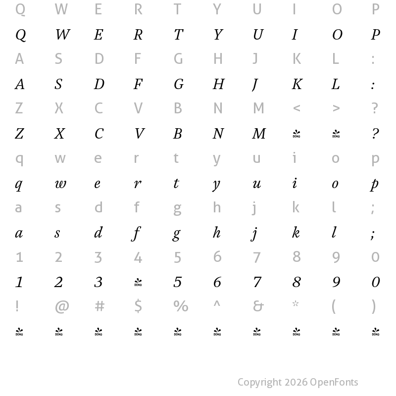 Character Map of FONTSPRING DEMO - Austera Text Italic