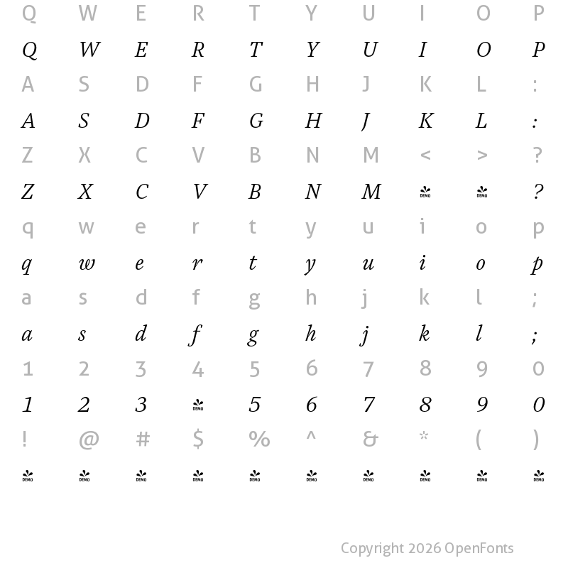 Character Map of FONTSPRING DEMO - Austera Text Light Italic