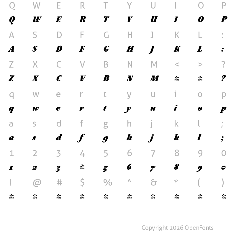Character Map of FONTSPRING DEMO - Australis Pro Heavy Heavy Italic